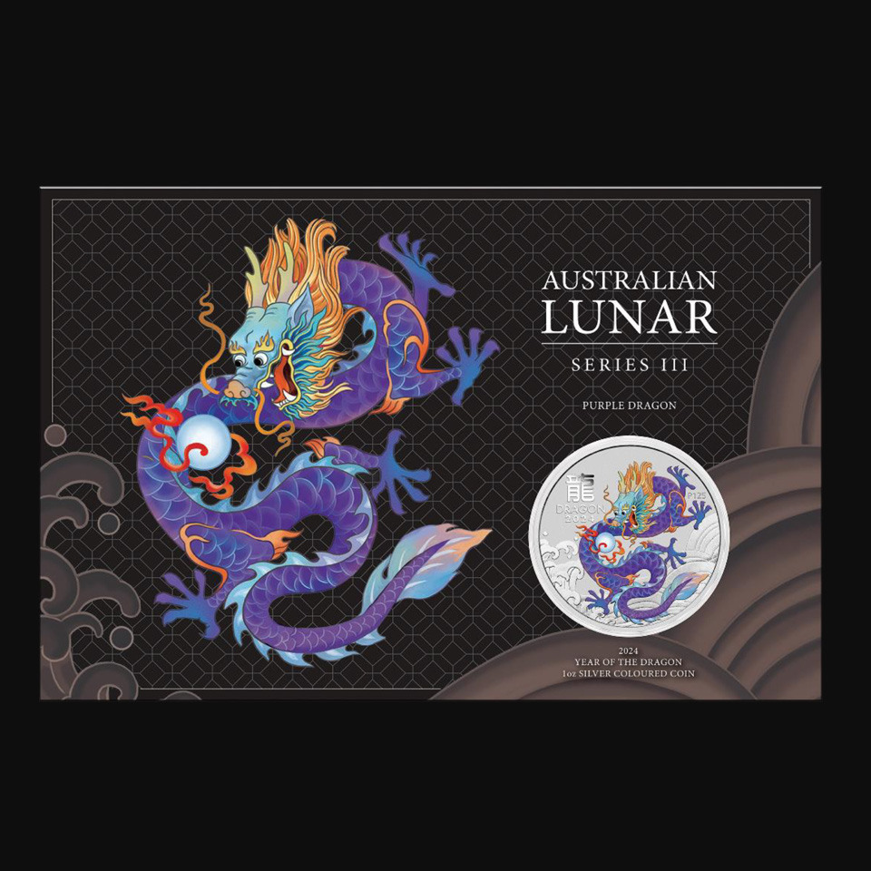 Srebrna moneta Lunar Rok Smoka: Fioletowy Smok 1 oz