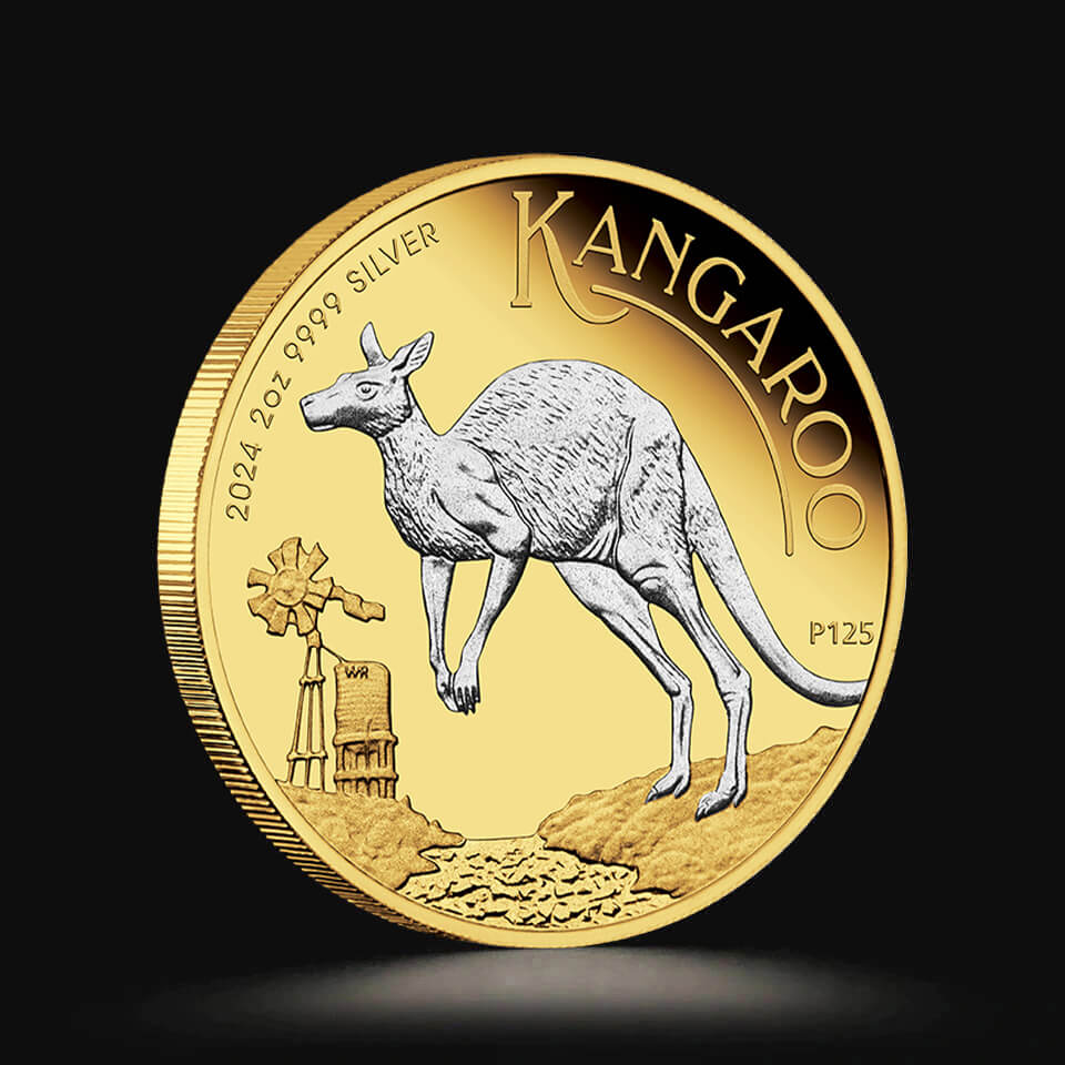 Srebrna moneta Australijski Kangur proof, pozłacany 2 oz